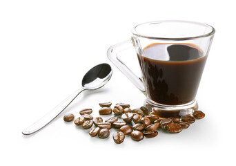 Glass cup of espresso coffee with coffee beans and teaspoon isolated on white background.