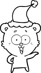 laughing teddy  bear hand drawn line drawing of a wearing santa hat