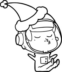 hand drawn line drawing of a confident astronaut wearing santa hat