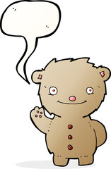 cartoon waving teddy bear with speech bubble