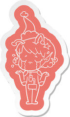 quirky cartoon  sticker of a crying alien girl wearing santa hat
