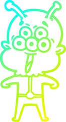 cold gradient line drawing of a happy cartoon alien