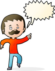 cartoon man with mustache pointing with speech bubble