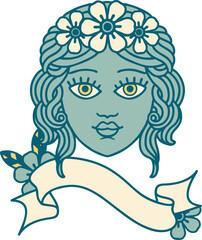 traditional tattoo with banner of female face with crown of flowers
