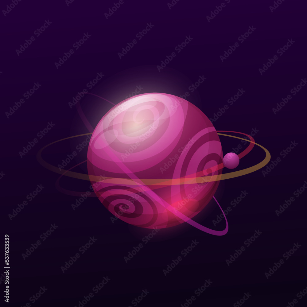 Poster violet space planet with circles and rings. galaxy fantastic planet, alien home world with gas rings