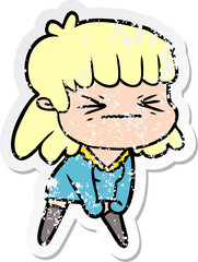 distressed sticker of a cartoon angry girl