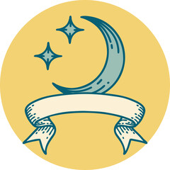 tattoo style icon with banner of a moon and stars