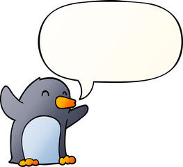cartoon excited penguin with speech bubble in smooth gradient style