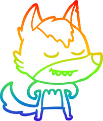 rainbow gradient line drawing of a friendly cartoon wolf