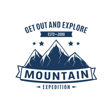 Mountain expedition icon, climbing tourism and hiking adventure club vector emblem. Outdoor activity and trekking travel camping sport, alpine expedition and extreme hiking scout badge