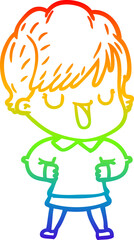 rainbow gradient line drawing of a cartoon woman talking