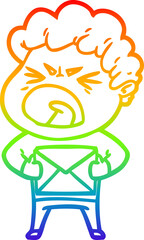 rainbow gradient line drawing of a cartoon furious man