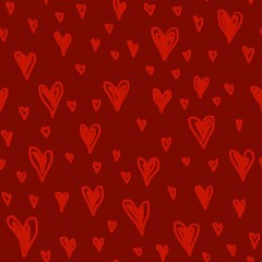 Valentine's day,Mother's Day hand drawn doodle seamless pattern. Marker drawn different heart shapes silhouettes on burgundy. Sweet love texture for postcards,wrapping paper,textiles,decorative prints