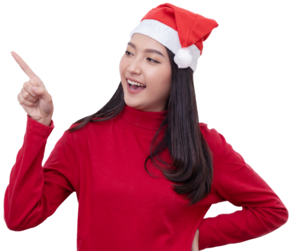 Asian Woman with Santa Hat Pointing Finger to Blank Copy Space For Christmas Sale Content