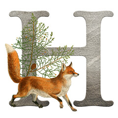 The H initial letter. Vintage Alphabet, set of hand-drawn ornate initial alphabet letters with winter wild animals. Luxury design of Beautiful vintage font for card, invitation, monogram, label, logo