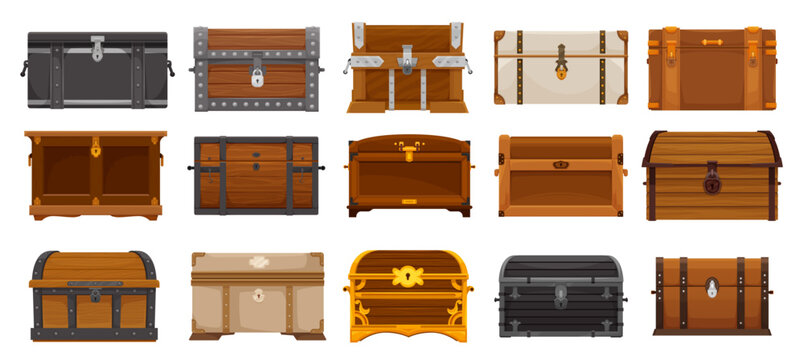 Cartoon chest boxes, wooden treasure trunks isolated set. Ancient royal or pirate coffers ui game vector asset with loot, gem stones, golden coins and treasury. Decorated cases made of wood and metal