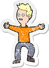 retro distressed sticker of a cartoon man panicking