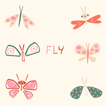 vector illustration of isolated butterflies in hand drawn style. cute image for textile, fabric, educational cards for kids