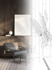 A sketch becomes a modern room with a lamp and books next to a blank vertical poster on a wooden shelf, a coffee table next to a modern leather chair with a footstool, spikelet in a vase. 3d render