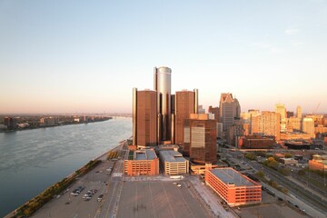 Aerial view of the beautiful skyscrapers of the city of Detroit during a sunset