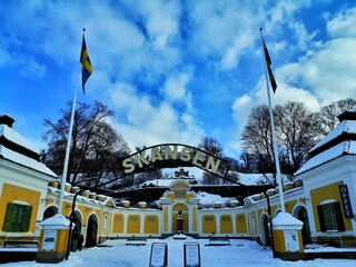 Frontal view of the Skansen open-air museum located in the city of Stockholm, Sweden