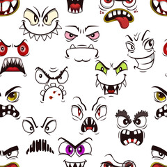 Cartoon eerie and angry monster faces seamless pattern. Vector background with creepy monster creature muzzles. Yell or grumpy emotions, isolated toothy halloween alien personages, spooky murmur emoji
