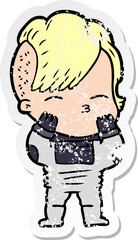 distressed sticker of a cartoon girl wearing futuristic clothes