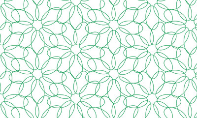 Modern simple geometric vector seamless pattern with green flowers, line texture on white background. Light abstract floral wallpaper, bright tile ornament