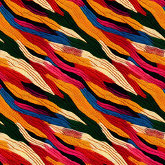 Seamless embroidered pattern, textile pattern with abstract wavy print, variety of lines and shapes, colorful bohemian print, 3d illustration.