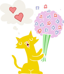 cartoon cat in love with flowers with thought bubble in retro style
