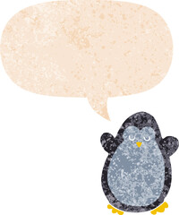 cartoon penguin with speech bubble in grunge distressed retro textured style