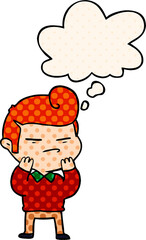 cartoon cool guy with fashion hair cut with thought bubble in comic book style