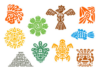 Mayan Aztec totems, Mexican tribal vector symbols of sacred animals and birds. Maya or Mexico Inca tribe totem signs of sun, fish, turtle or pyramid and deity mask, ethnic Aztec tribal symbols