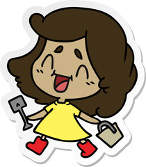 freehand drawn sticker cartoon of cute kawaii girl with bucket and spade