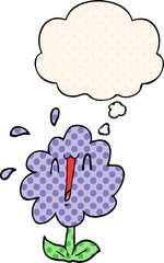 cartoon flower with thought bubble in comic book style