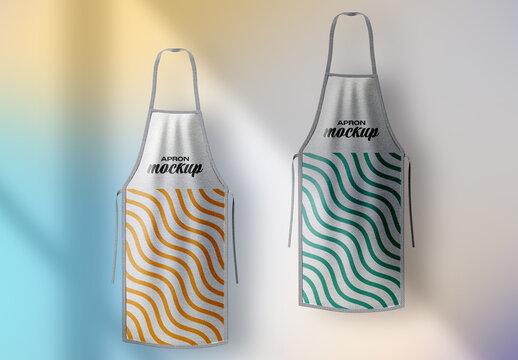 Apron Mockup Set &ndash; Two Realistic Hanging Kitchen Aprons with Wavy Patterns on Gradient Background &ndash; Ideal for Cooking Classes, Restaurant Branding, and Chef Uniform Designs