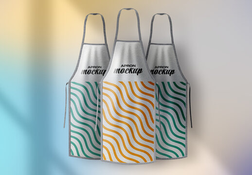 Apron Set Mockup &ndash; Dual Kitchen Aprons Featuring Wavy Abstract Patterns on Colorful Background &ndash; Perfect for Culinary Branding and Chef Uniform Design