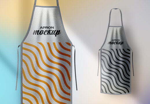 Apron Mockup Set &ndash; Realistic Kitchen and Chef Aprons with Abstract Wave Pattern on Colorful Background &ndash; Perfect for Restaurant Branding and Culinary Projects