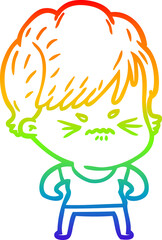 rainbow gradient line drawing of a cartoon frustrated woman