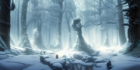 Frosty snowy fairytale forest. Magic Christmas background. Fairy magic scene. Beautiful natural landscape. Digital painting illustration