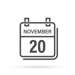 November 20, Calendar icon with shadow. Day, month. Flat vector illustration.