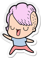 sticker of a cute cartoon girl with hipster haircut