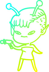 cold gradient line drawing of a cute cartoon alien girl