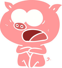 shocked flat color style cartoon pig sitting down