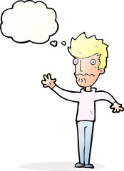 cartoon worried man reaching out with thought bubble