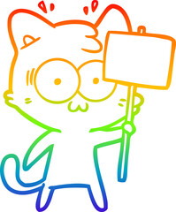 rainbow gradient line drawing of a cartoon surprised cat waving sign