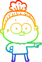 rainbow gradient line drawing of a cartoon happy old woman