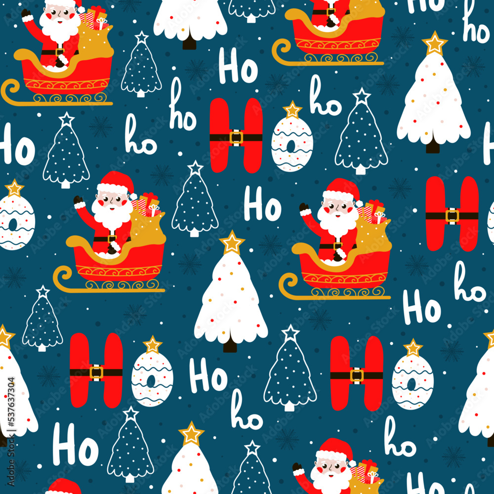 Wall mural Seamless christmas pattern with cute santa claus and ho ho lettering on blue background for wrapping paper