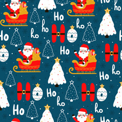 Seamless christmas pattern with cute santa claus and ho ho lettering on blue background for wrapping paper