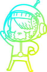 cold gradient line drawing of a cartoon crying astronaut girl